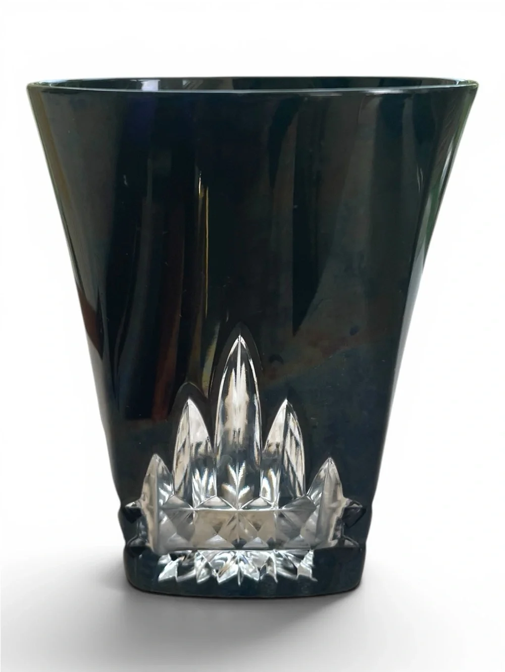 Whiskey glass, black panels with starburst cuts, maker unknown